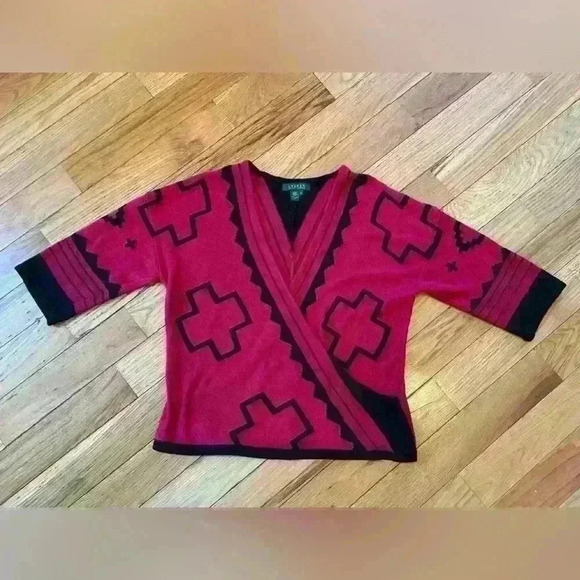 Lauren Ralph Lauren Sweaters - Lauren Ralph Lauren Womens Medium Red/Black Wrap Sweater 100% Linen Boho Aztec